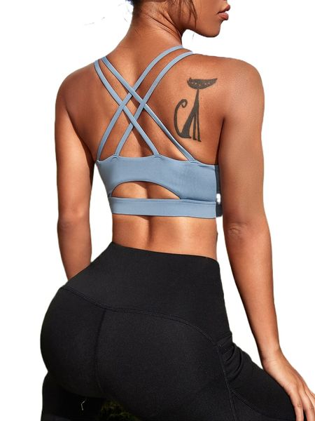 

cut out crisscross back sports bra e3rb#, Gray