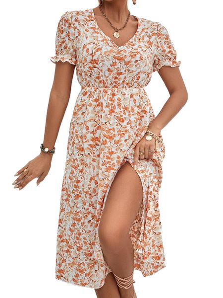 

allover print puff sleeve split thigh dress n5ex#, Black;gray