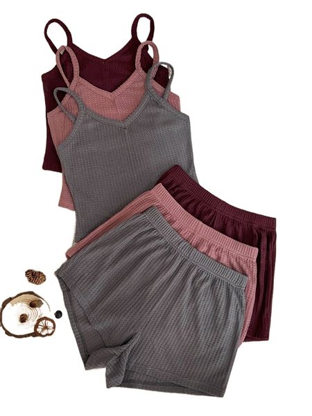

3sets solid cami & shorts lounge set b4bn#, Black;red