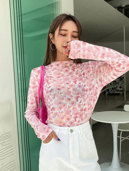 

dazy allover floral print mock neck without bra 31ld#, White