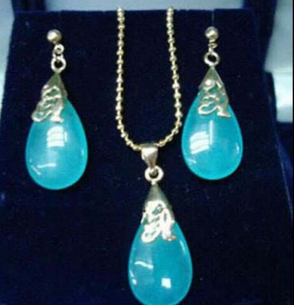 Brincos de colar de pingente de jade azul e charmos