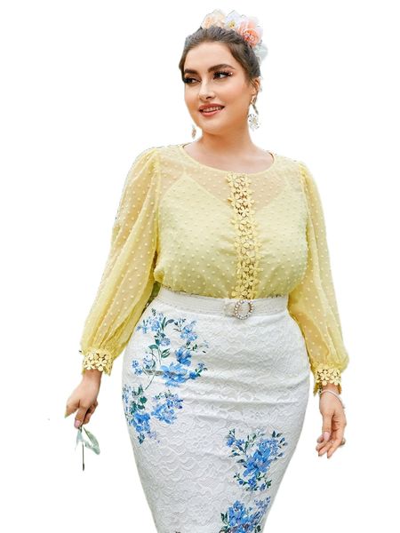 

plus swiss dot guipure lace panel lantern sleeve blouse with camisole z0ss#, Black
