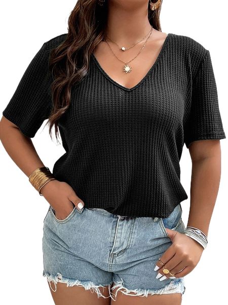 

plus waffle knit solid tee v5ap#, Black