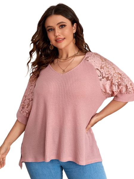 

plus contrast lace split hem waffle knit tee p3di#, Black