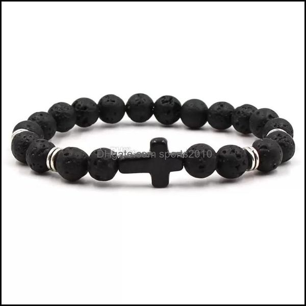 Arti e mestieri Bracciale con filo elastico con croce in pietra lavica nera naturale Bracciale con diffusore di oli essenziali per aromaterapia per uomo Je Sports2010 Dhfha