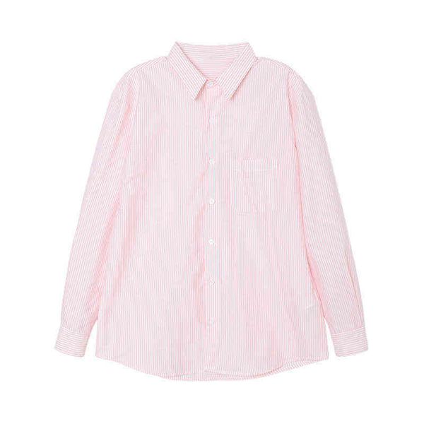 

2022 women's long sleeved shirt pink stripe cotton blouse pocket, White
