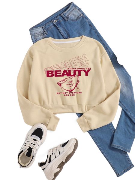 

letter graphic thermal lined crop sweatshirt u42m#, Black