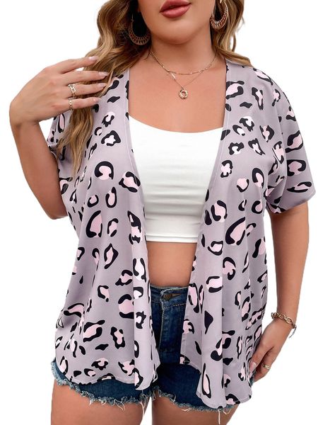 

plus leopard batwing sleeve kimono d741#, Black;gray