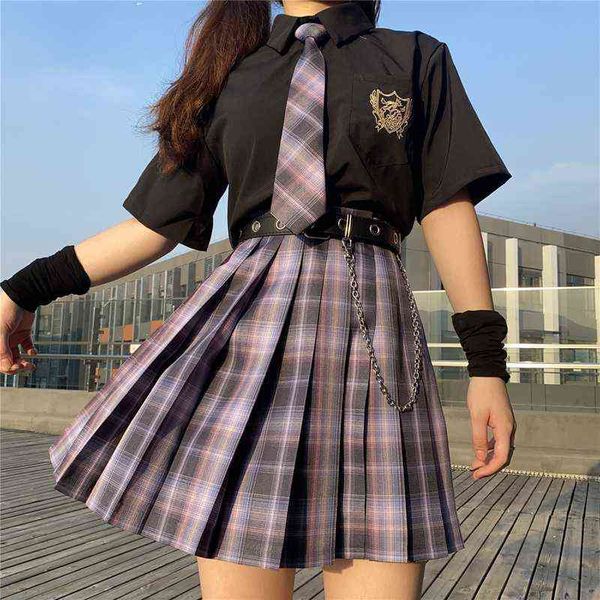 Женщины фиолетовый черный готический плиссированный клетчатый юбка Летняя высокая талия Корейский хараджуку Японские милые сексуальные мини-линия юбки JK Cosplay G220309