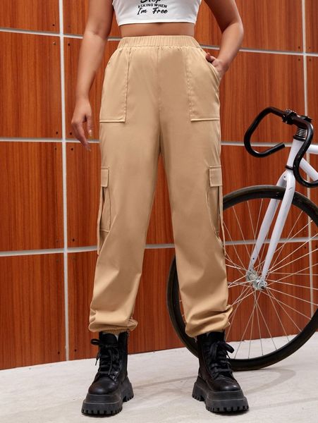 

elastic waist flap pocket cargo pants j08z#, Black;white