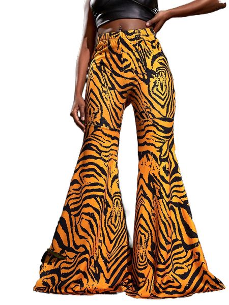

sxy zebra stripe elastic waist flare leg pants w8qr#, Black;white