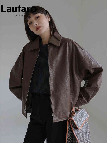 

lautaro spring autumn short oversized casual cool brown black faux leather jackets for women drop shoulder long sleeve zipper l220728
