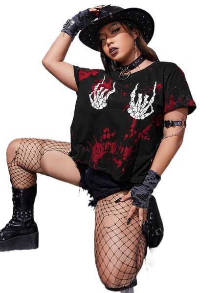 

plus tie dye & figure graphic t-shirt e6we#, Black