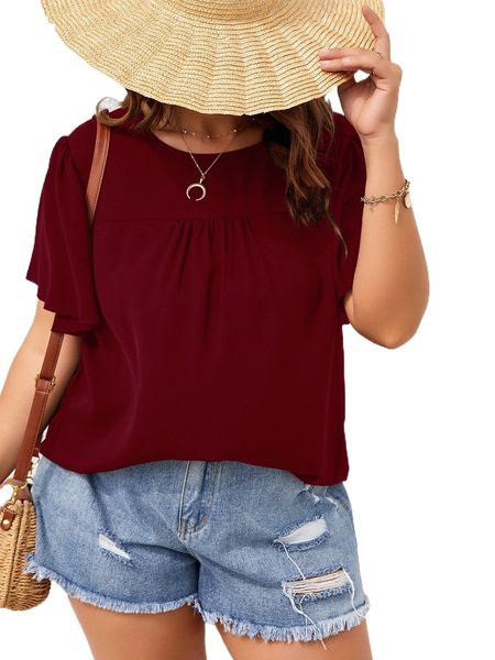 

plus solid keyhole back ruched butterfly sleeve blouse q3vz#, Black