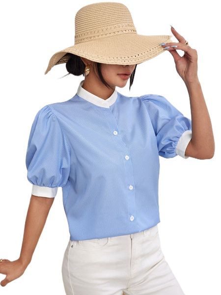 

striped print contrast binding button front blouse u8is#, White