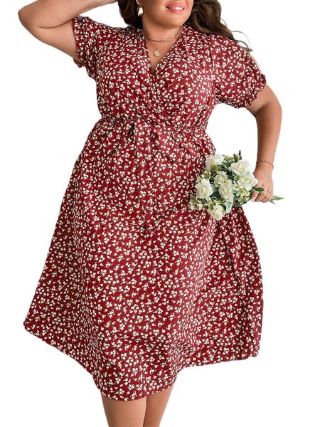 

plus ditsy floral print puff sleeve belted dress 05by#, Black