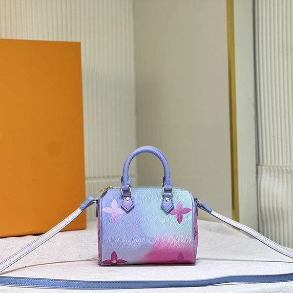 

hh women speedy boston bag nano rainbow color mini shoulder bags tote cute handbag leather cross bags 16cm female bucket brown flower pillow