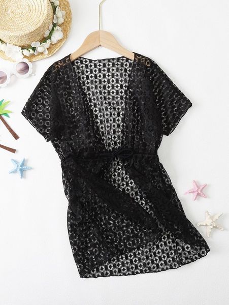 

toddler girls hollow out drawstring waist kimono she, White;black