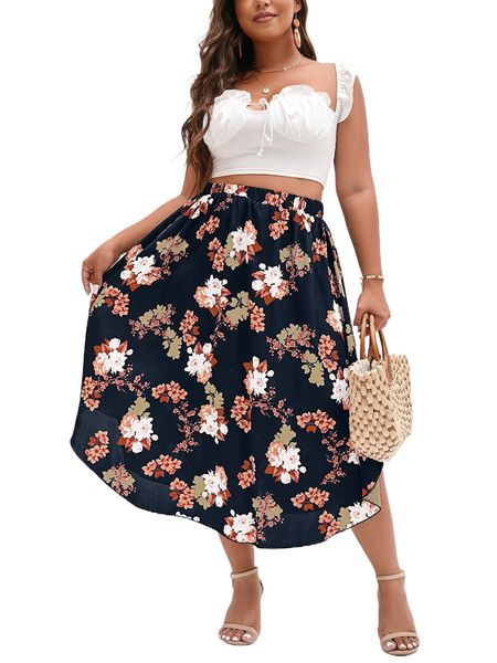 

plus allover floral print skirt i049#, Black