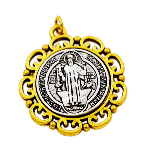 Flower St Benedict Medalha Cruz Charme Pingentes Medalla San Bento Espaçador Beads 2-Tom Pingentes 37x33mm T1705 Celtic Catholic Religiosa Jóias DIY