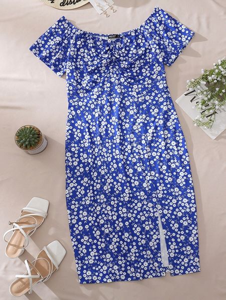 

plus ditsy floral ruched slit hem dress g3si#, Black