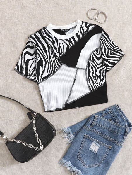 

zebra striped panel colorblock rib-knit tee v2ql#, White