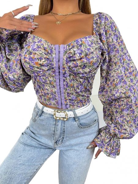 

allover floral print flounce sleeve hook and eye crop blouse o17t#, White