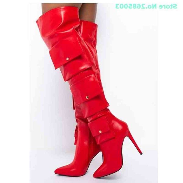 

pocket splicing decor solid boots pointed toe stiketto heels knee high side zipper women autume winter party dress long boots 220514, Black
