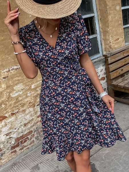 

ditsy floral print wrap knot side dress o4po#, Black;gray