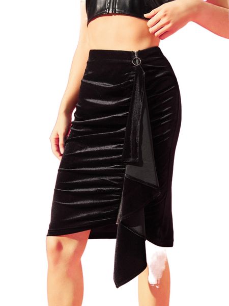 

x wilbur lang high waist draped side ruched velvet skirt p7fb#, Black