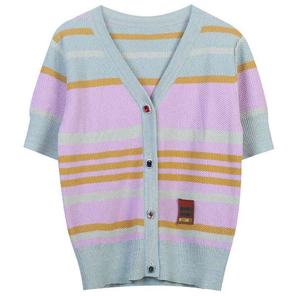 

women's sweaters knitted cardigan 2022 women's wear contrast stripe diamond button casual v-neck short sleeve rz5o, White;black