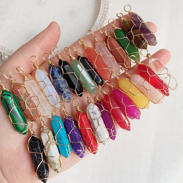 

colorful natural crystal charms healing stone jewelry wire wrap bullet hexagonal quartz pendulum pendant diy point chakra necklace, Bronze;silver