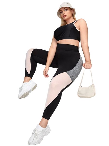 

plus four-way stretch color block stitching sports leggings b8kv#, Black