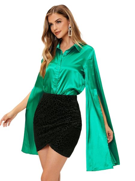 

split hem satin blouse x56b#, White