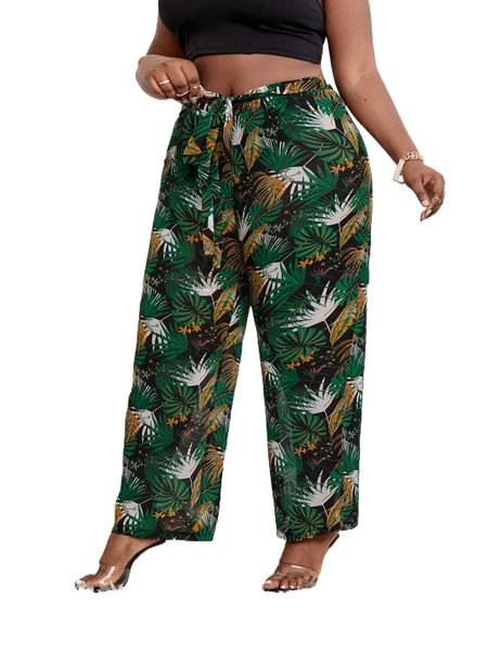 

sxy plus tropical print knot front chiffon wide leg pants f50t#, Black