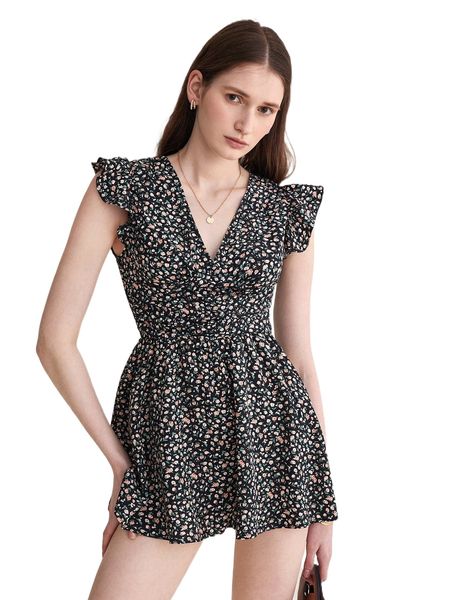 

frenchy ditsy floral print ruffle trim romper m4yu#, Black;white