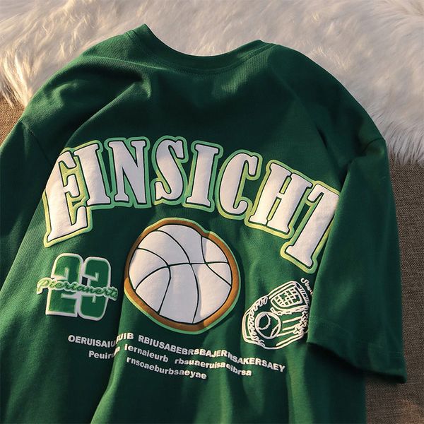 

dark green white american retro alphabet print short sleeved t-shirt male and female students summer loose all match ins 0629