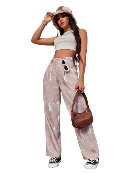 

graphic print plicated detail straight leg pants t3nq#, Black;white