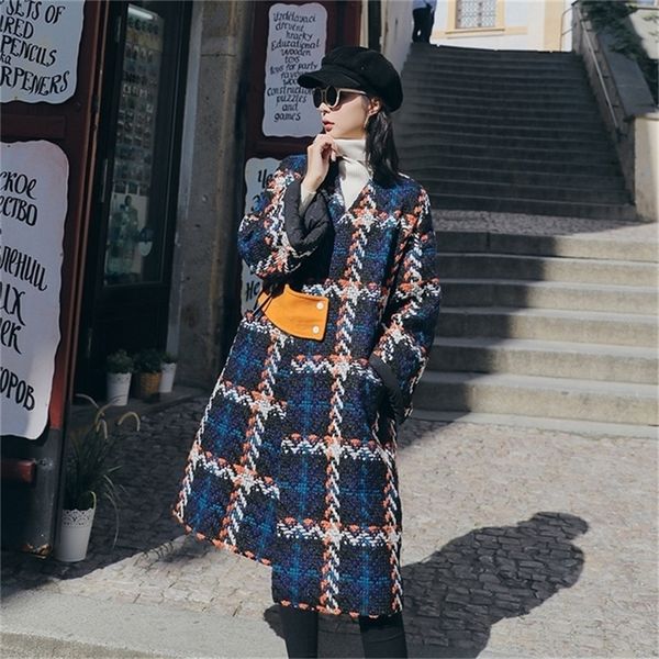 

lanmrem autumn and winter fashion plaid warm v-neck all-match woolen coat women's mid-length over-the-knee loose coat 2a905 201215, Black