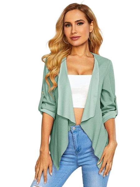 

waterfall collar rolled tab sleeve coat 33ng#, Black