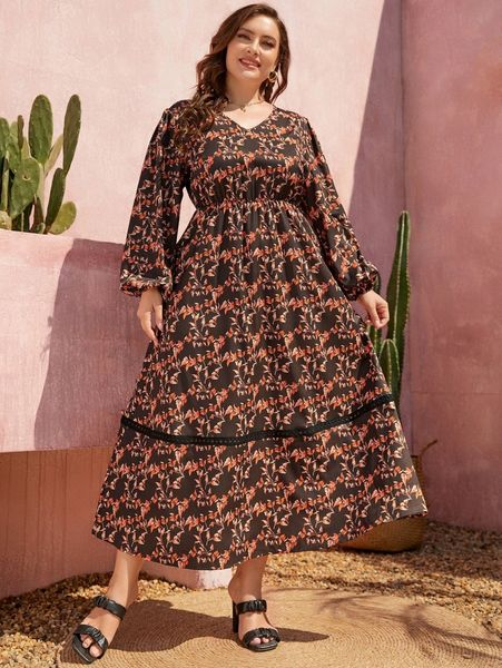 

plus plant print guipure lace detail lantern sleeve dress d9ry#, Black