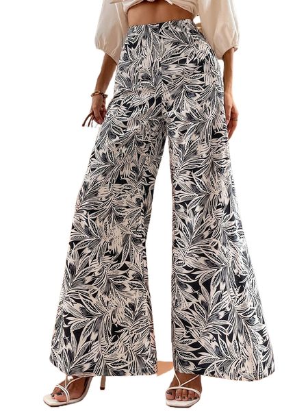 

plant print wide leg pants y5zy#, Black;white