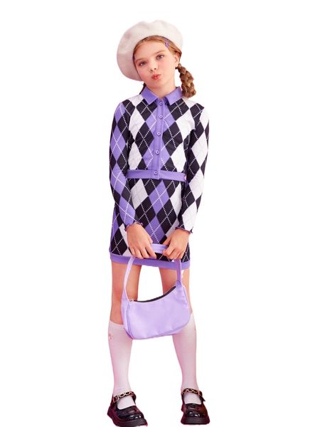 

girls argyle print button front tee & skirt q1dw#, Black;white