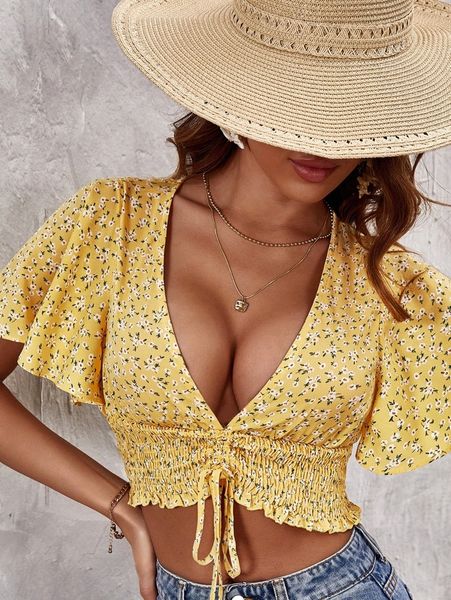 

ditsy floral print butterfly sleeve shirred drawstring crop blouse e5kr#, White