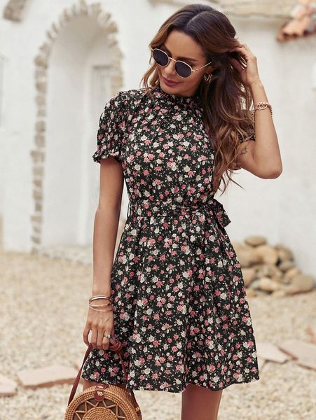 

ditsy floral belted mock neck dress v99v#, Black;gray