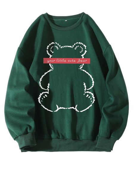 

bear & letter graphic thermal lined sweatshirt o74d#, Black