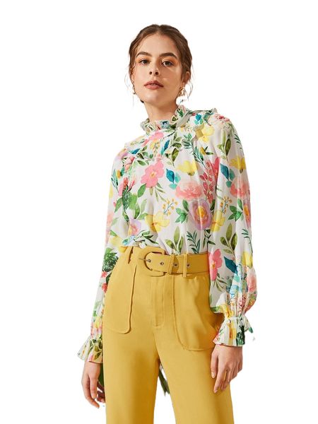 

floral print frilled neck bell sleeve o4ki#, White