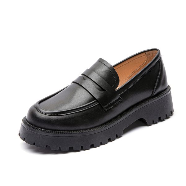 

spring shoes female british style 2022 new thick-soled college style casual loafers genuine leather fashion shoes girls, Black