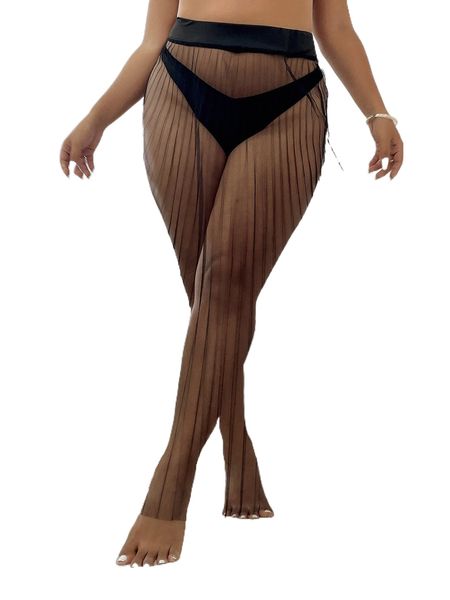 

plus sheer mesh pleated cover up skirt without panty u1mn#, Black