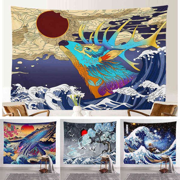 Japanische Kanagawa Surf Wand Teppich Teppiche Dekoration Ukiyoe Welle Wein Haus Tür Vorhang Teppich Tischdecke J220804